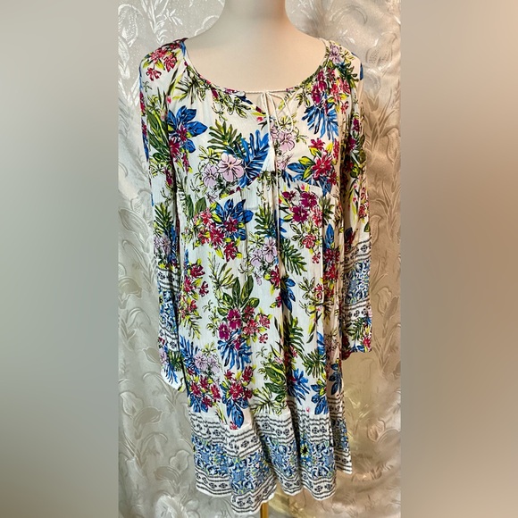 Time and Tru Blue Pink Botanical Long Sleeve Shirt Top - Picture 1 of 5